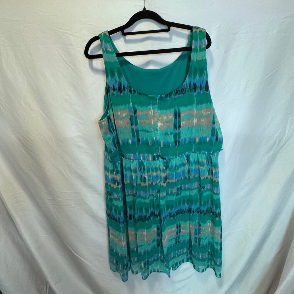 Dressbarn Plus 20W Teal Blue Ikat Print Chiffon Sleeveless Midi Dress Lined Boho